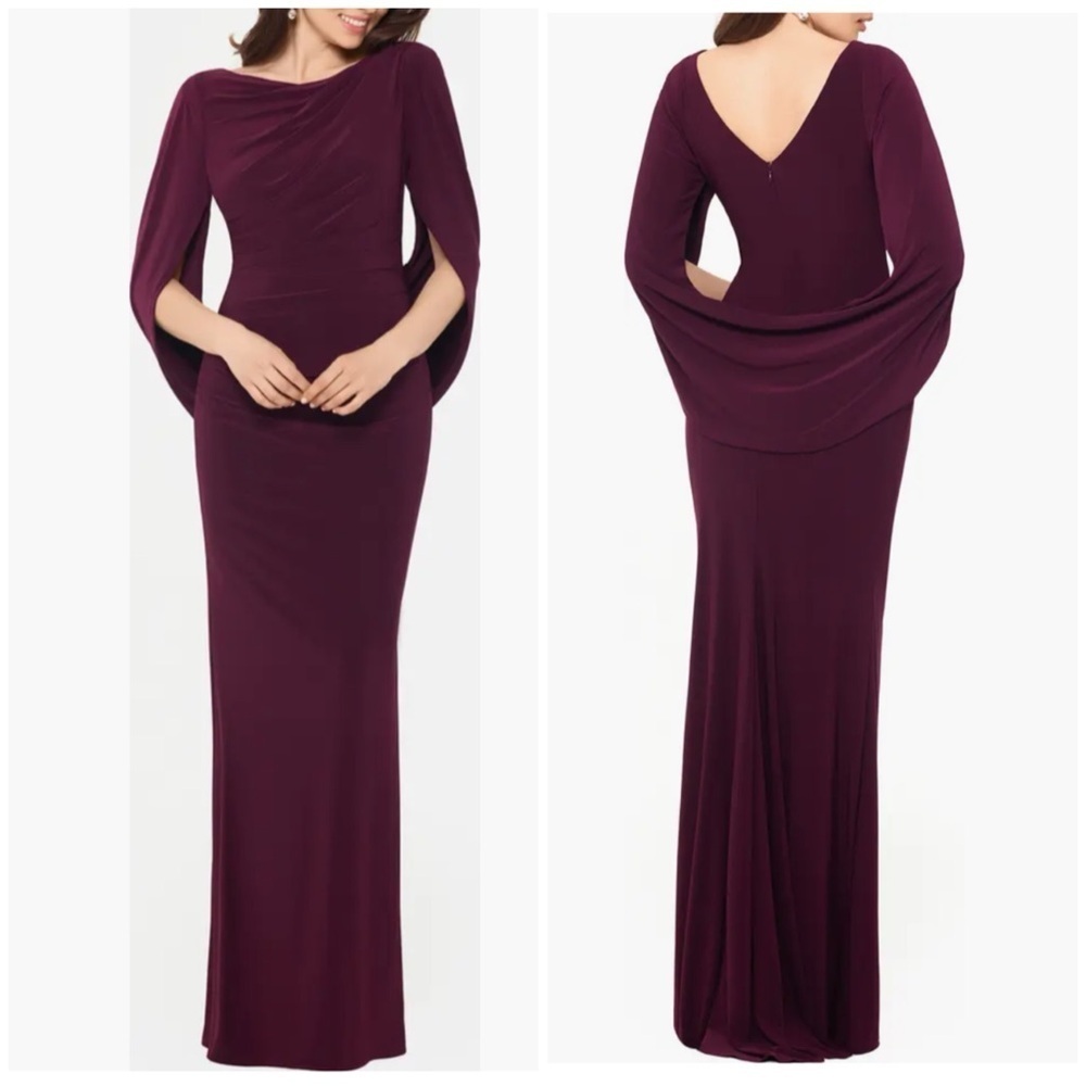 NWT Betsy & Adam Cape Long Sleeve Trumpet Gown Wine Cabernet Purple Sz 10